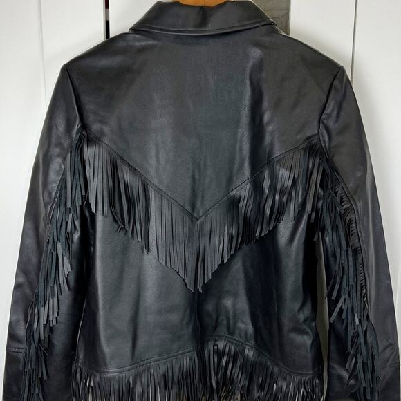 Topshop NWT Black Fringe Faux Leather Jacket Size 8 - Picture 9 of 11